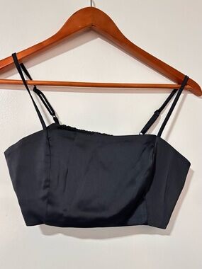 House of Harlow 1960 Black Satin Crop Top Smocked Back Cami XS Revolve